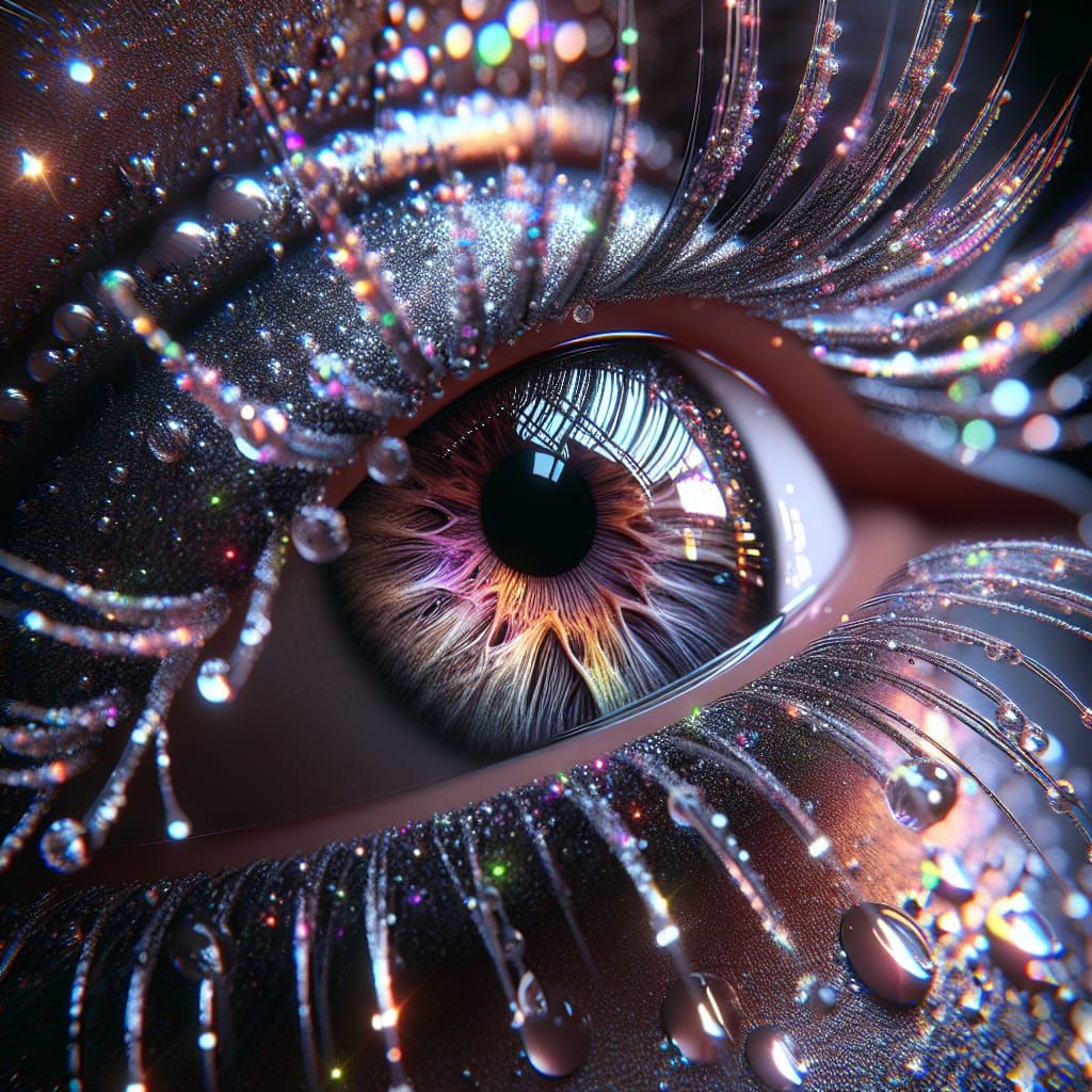 Hyper-Realistic Eye with Raindrops and Shimmering Lashes
