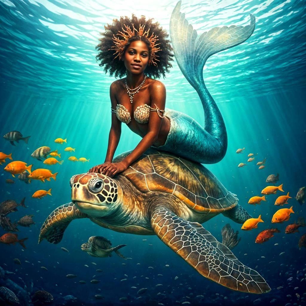 Aboriginal Mermaid on Sea Turtle, Digital Art