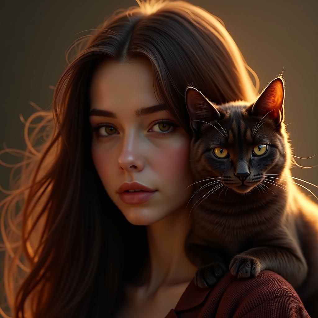 Woman and Cat Portrait in Hyper-Realistic Style