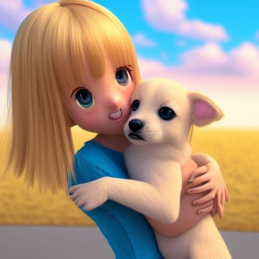 Kind Girl Hugging Dog in Bright 3D Style