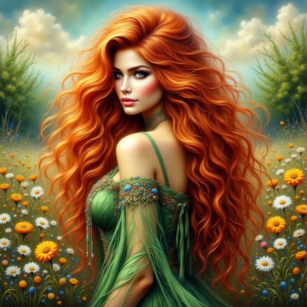 Voluptuous Woman in Green Spring Dress, Realistic Photograph...