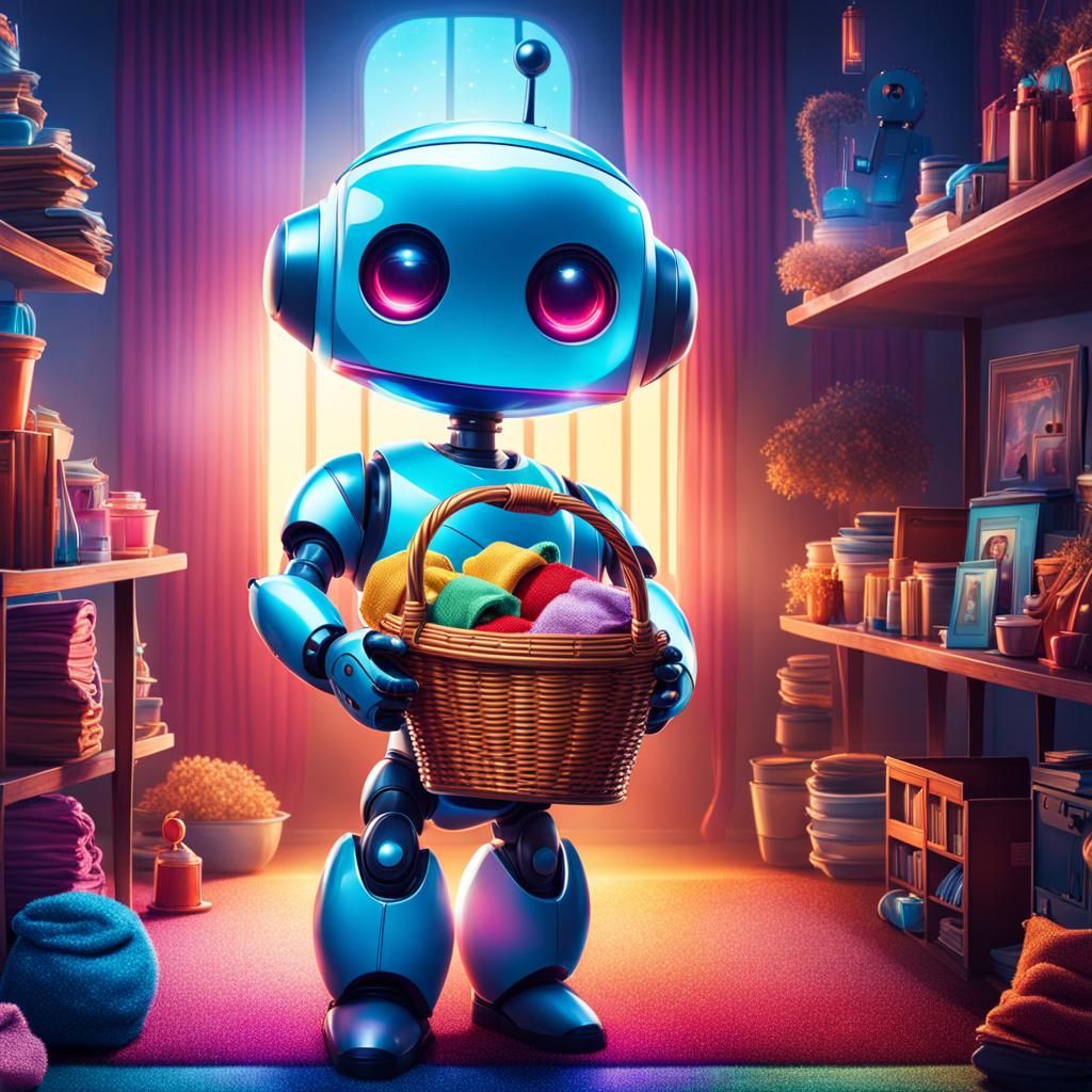 Cute Robot Butler in Sci-Fi Storybook Illustration