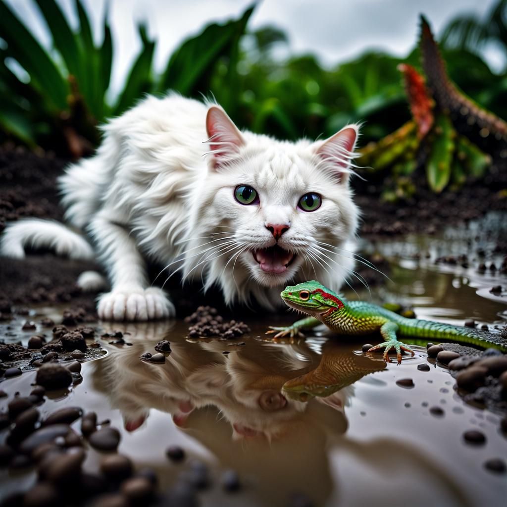 White Cat with Lizard on Tropical Island