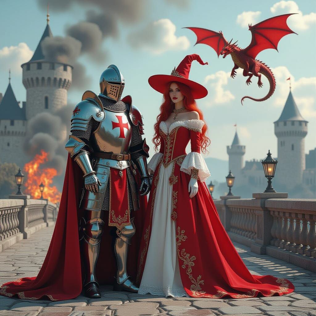 Knight Templar and Redhead in Burning Castle Scene