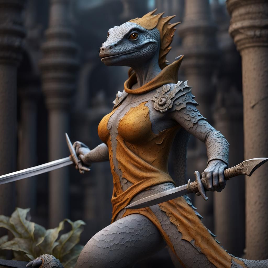Lizard-Woman Sculpture in Concrete Art Style
