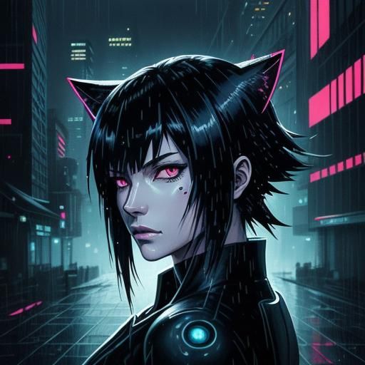 Cyberpunk Cat Girl Ninja in Manga Style