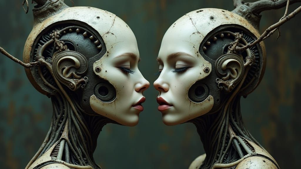 Biomechanical Twins in Surreal Dreamscape