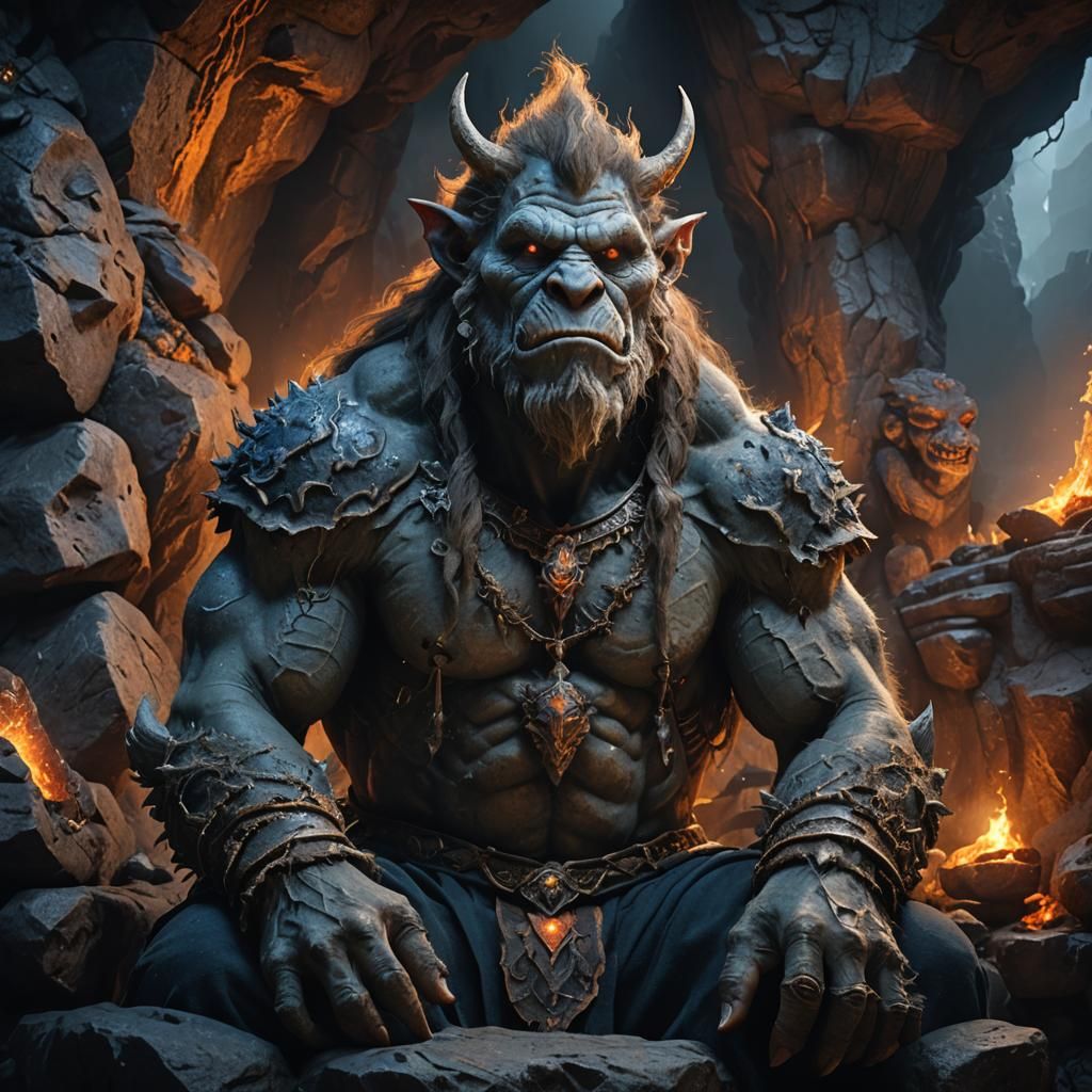 Regal Mountain Troll on Stone Throne, Digital Art
