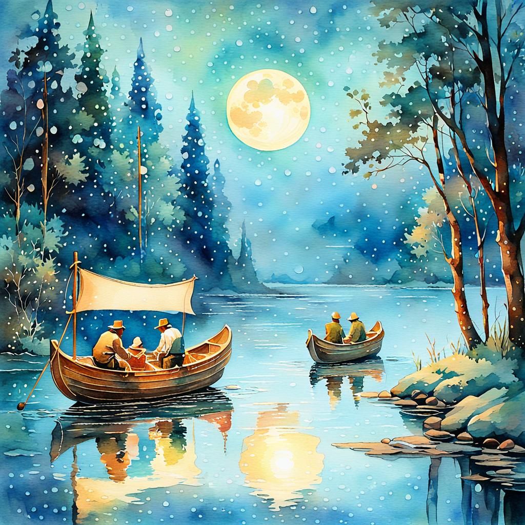 Fishermen on Crystal River in Watercolor Style