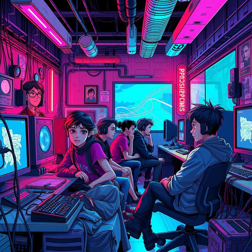 Vibrant Computer Room with Students: Digital Illustration