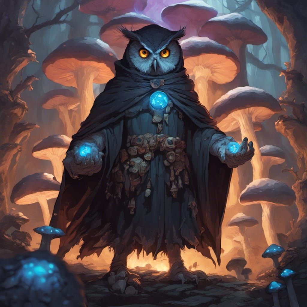 Glowing Mushroom Circle: Humanoid Owl Character