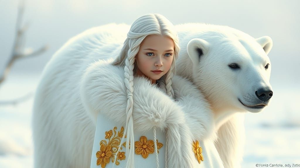 Girl and Polar Bear in Dreamlike Winter Scene