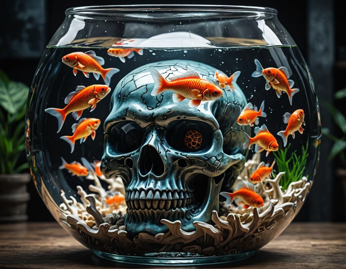 Glass Skull Fishbowl with Carp: Hyperrealistic Aquarium