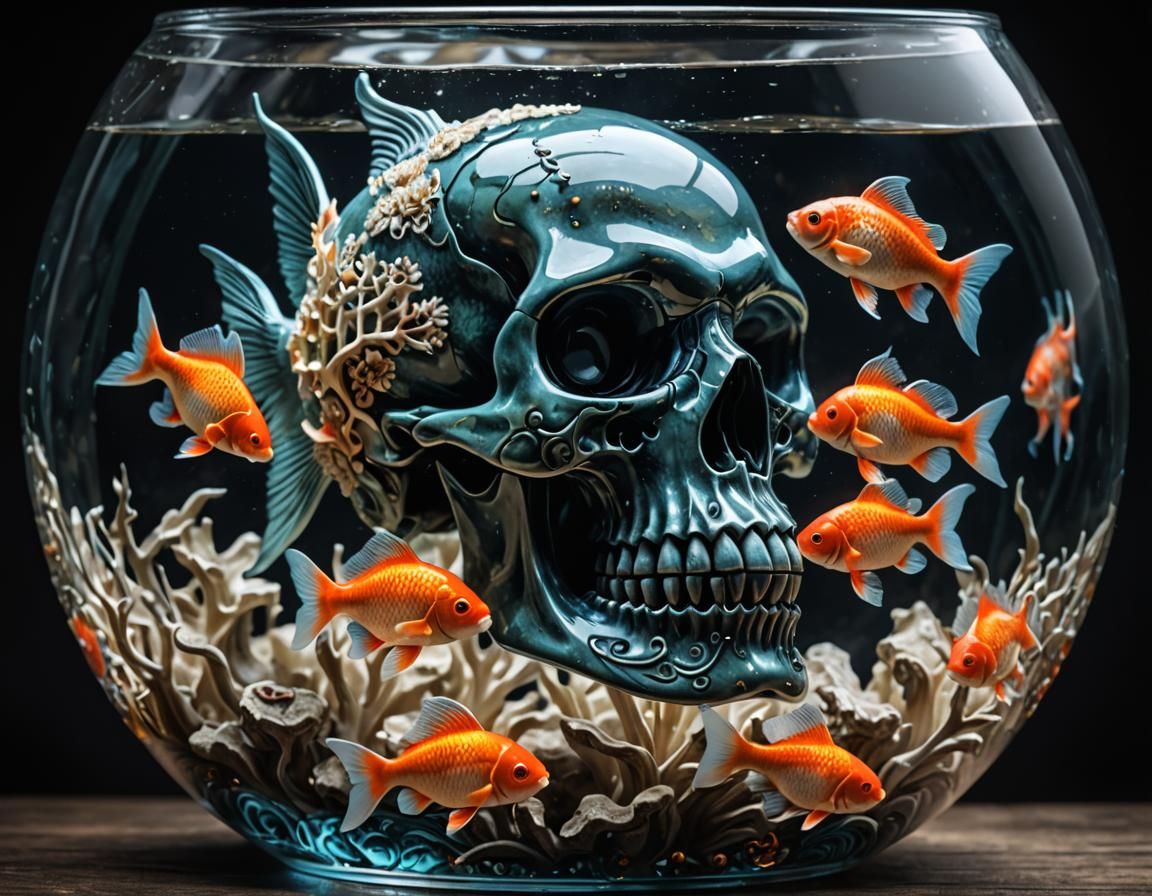 Glass Skull Fishbowl with Carp Inside