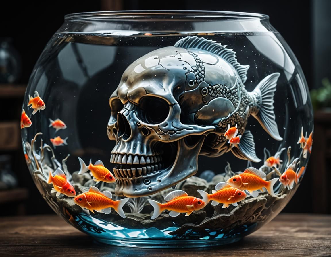 Glass Skull Fishbowl with Carp: Hyperrealistic HDR Image