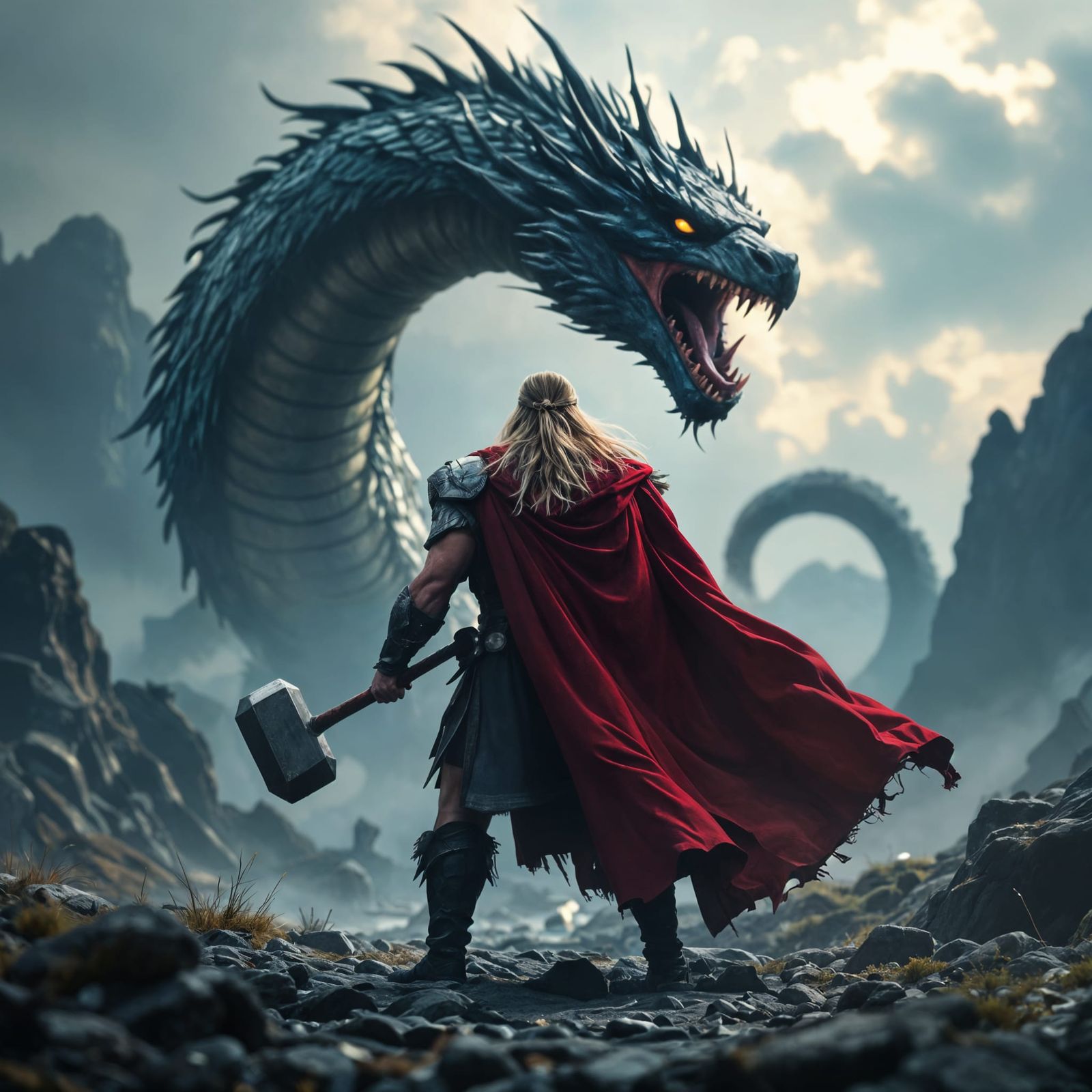 Thor Battles the Midgard Serpent in Epic Nordic Clash