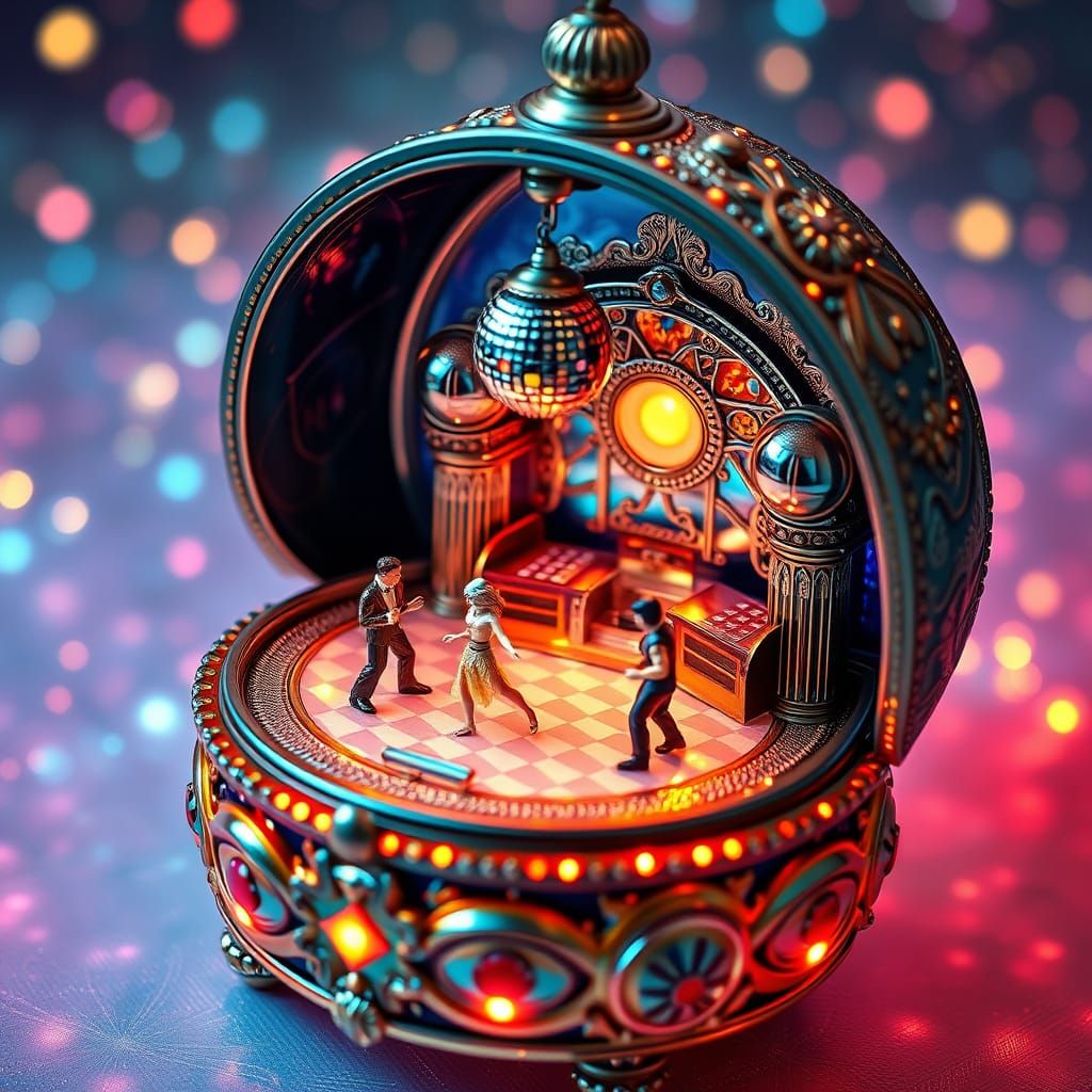Vibrant Disco Era Music Box with Intricate Details and Swirl...