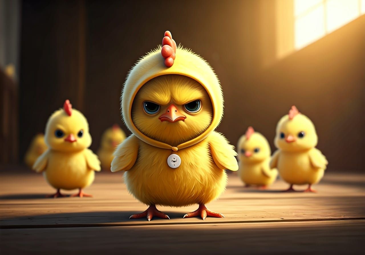 Grumpy Chick in Sunny Farmyard, Storybook Illustration