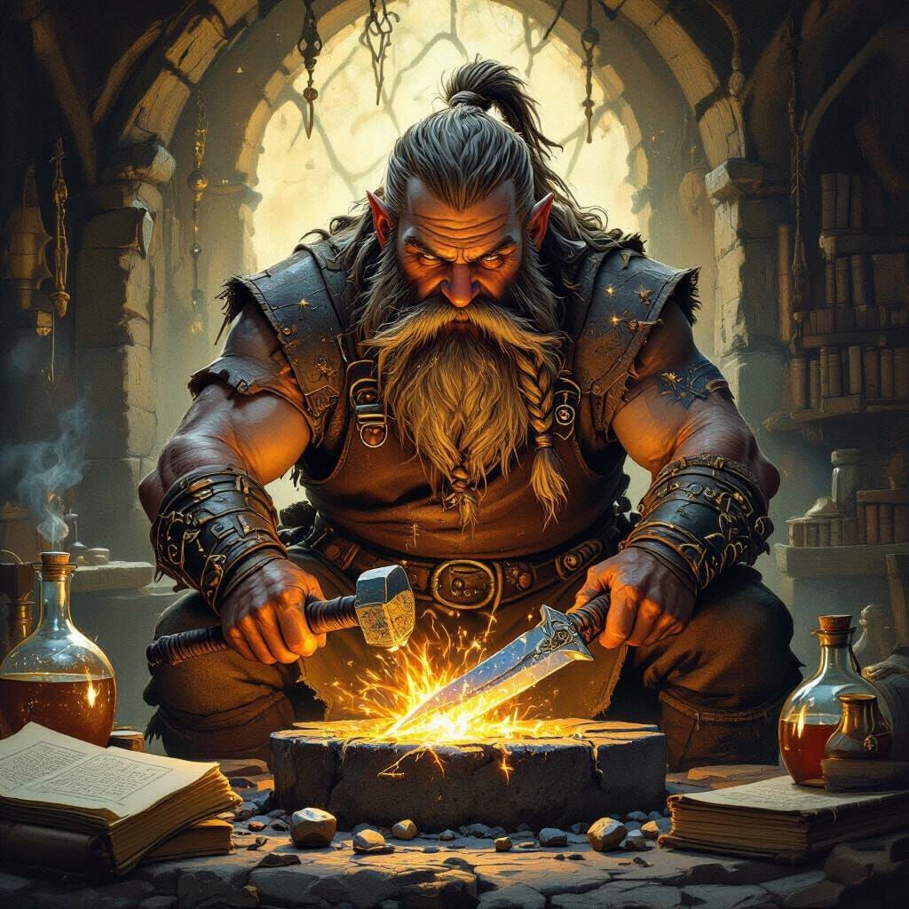 Dwarf Runesmith at Magic Forge, Fantasy Illustration