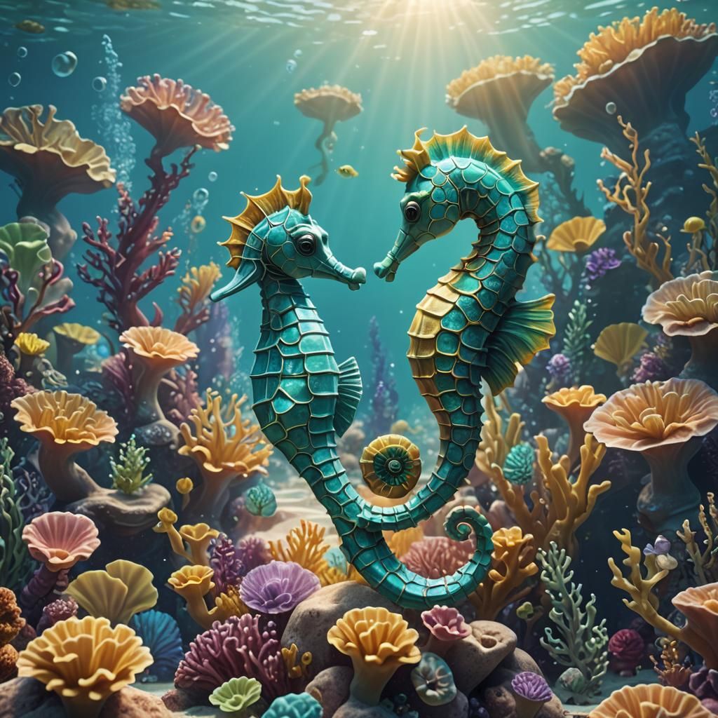 Turquoise Mermaid and Seahorse in 3D Digital Art