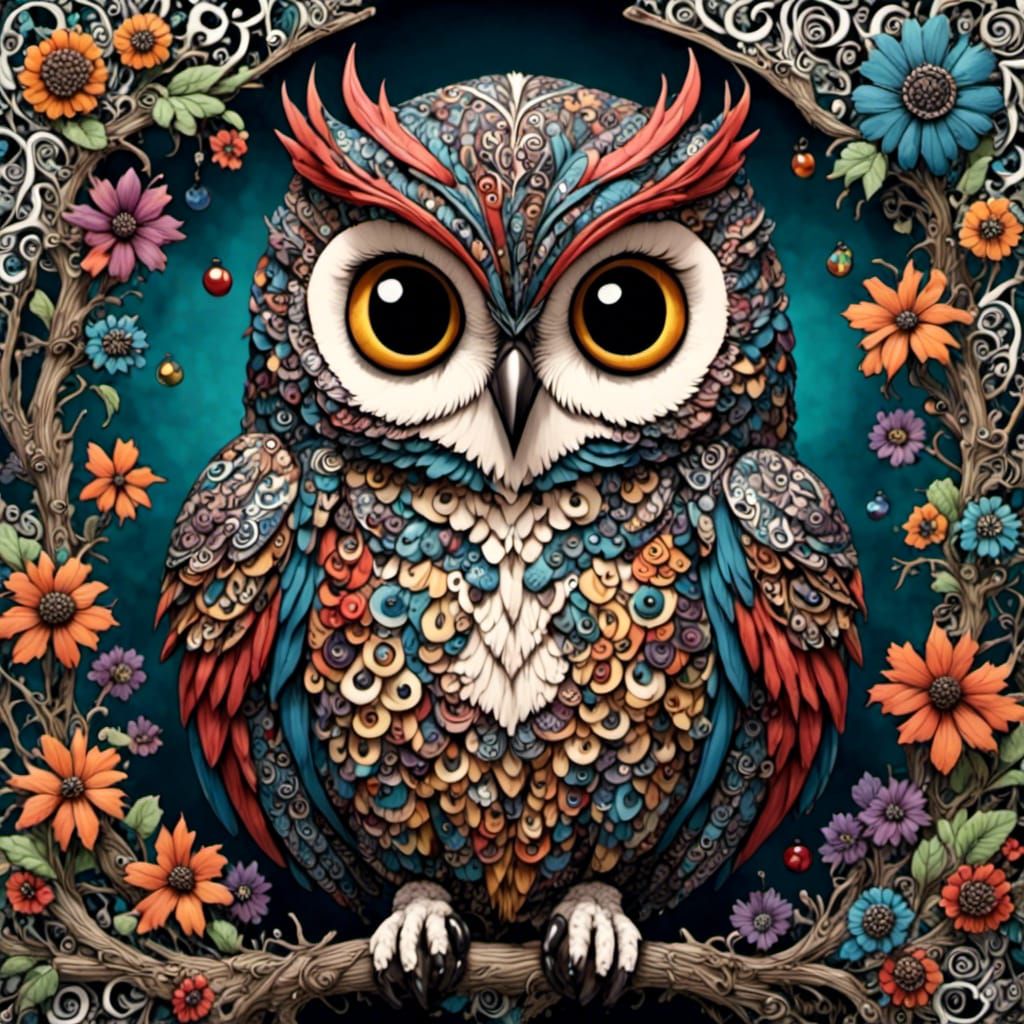 Vampire Owl with Fangs in Zentangle Ink Style