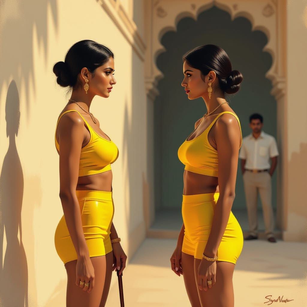 Indian Women in Shiny Yellow Miniskirts in Dramatic Light