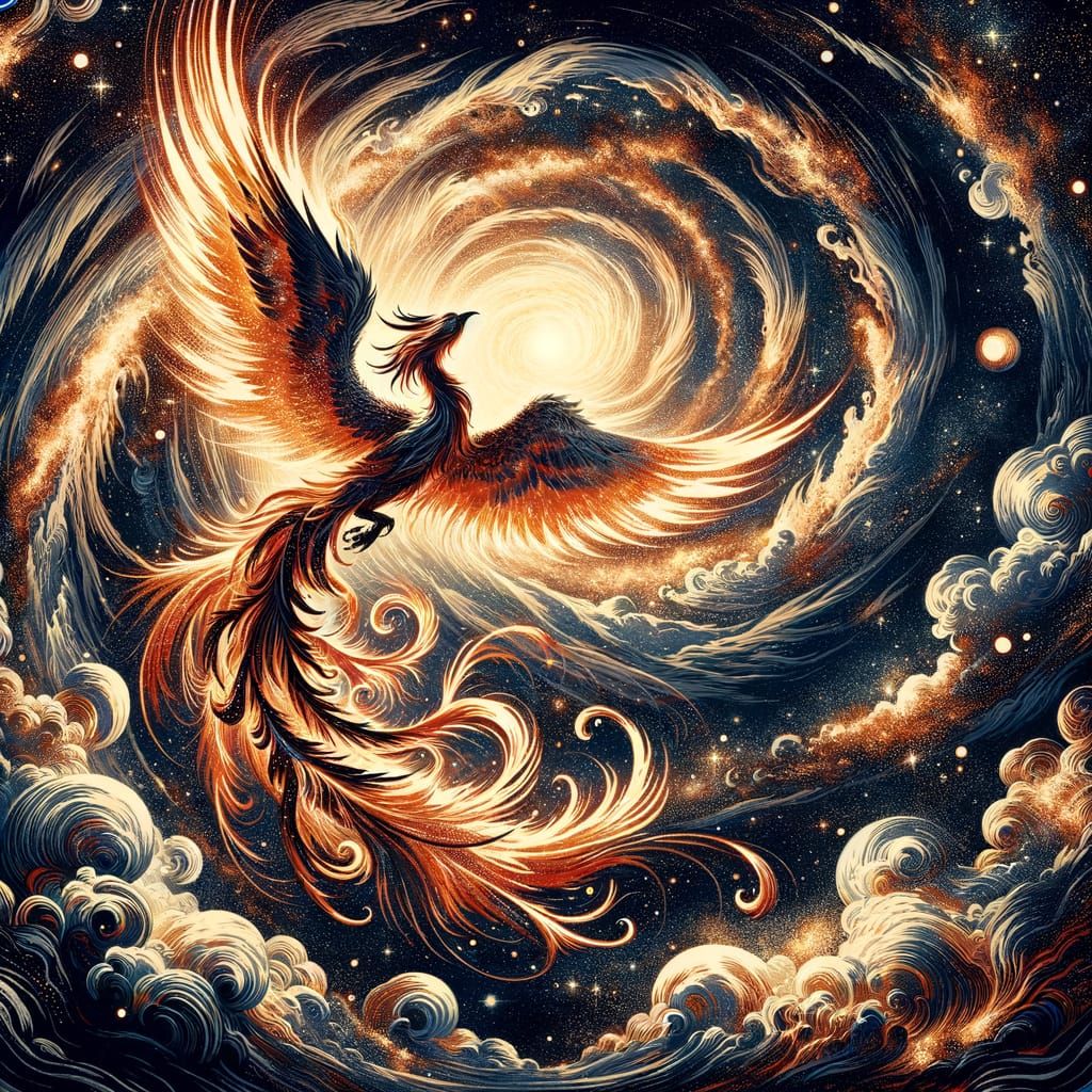 A majestic phoenix, its feathers ablaze with celestial fire, soars through a swirling vortex of cosmic dust and starligh...