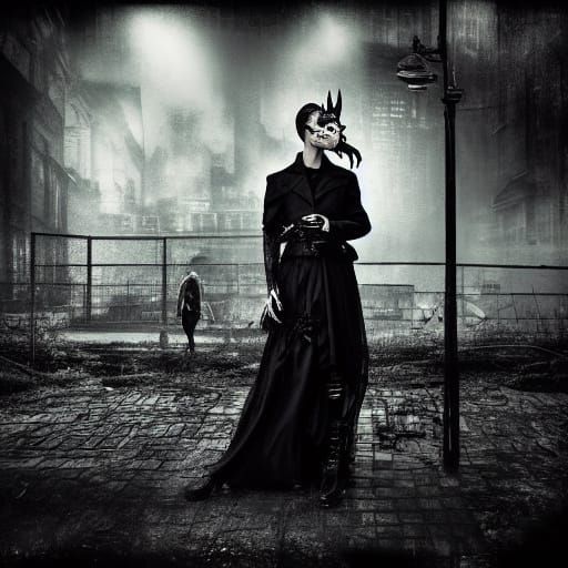 Gothic Fashion Model Amidst Urban Decay in Dark Noir Style