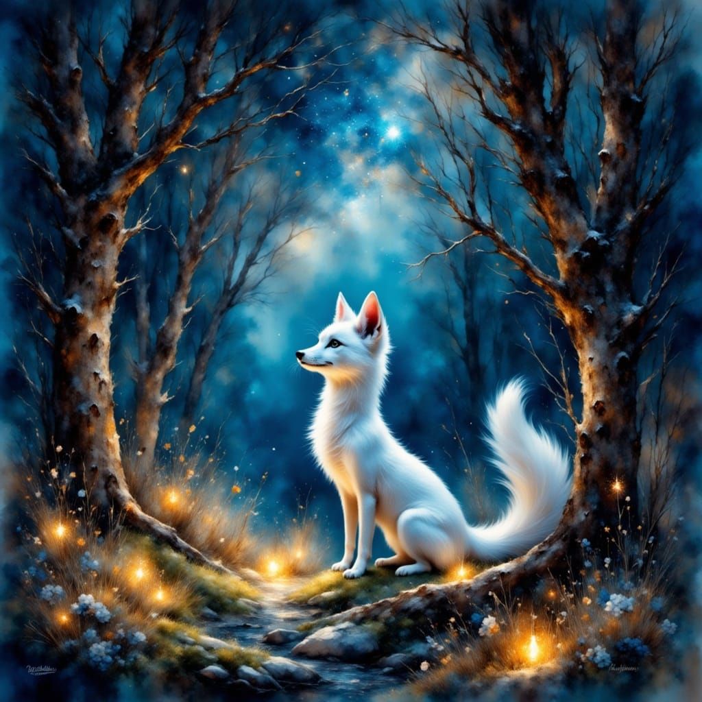 Magical White Fox in Mystical Forest Illustration