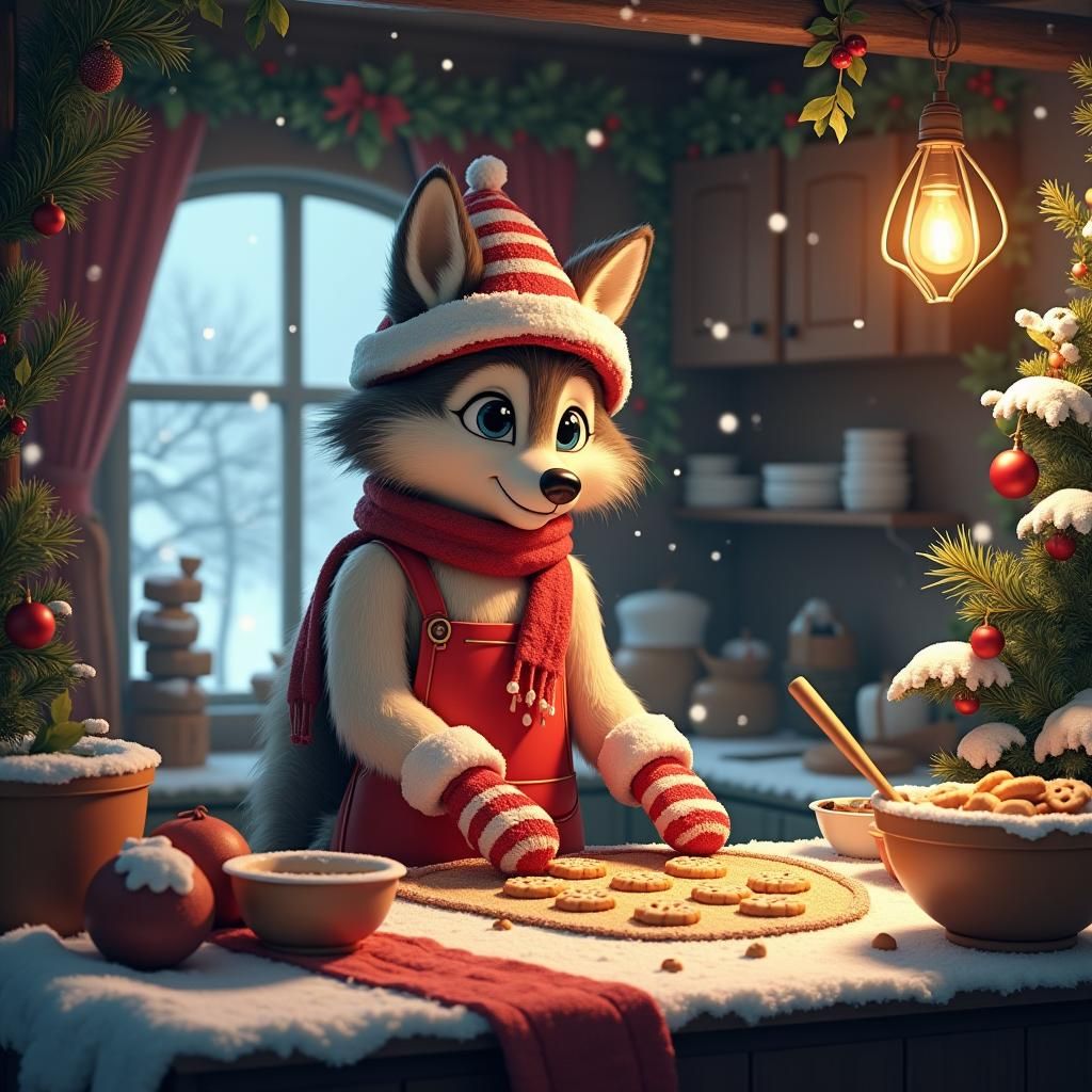 Enchanting Winter: Wolf Baking Cookies in Cozy Cabin