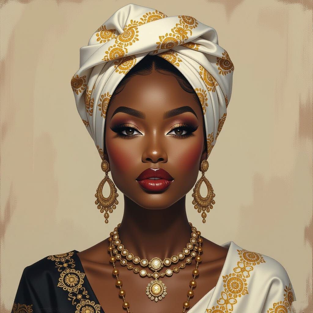 Elegant Black Woman in Ornate Headscarf Portrait