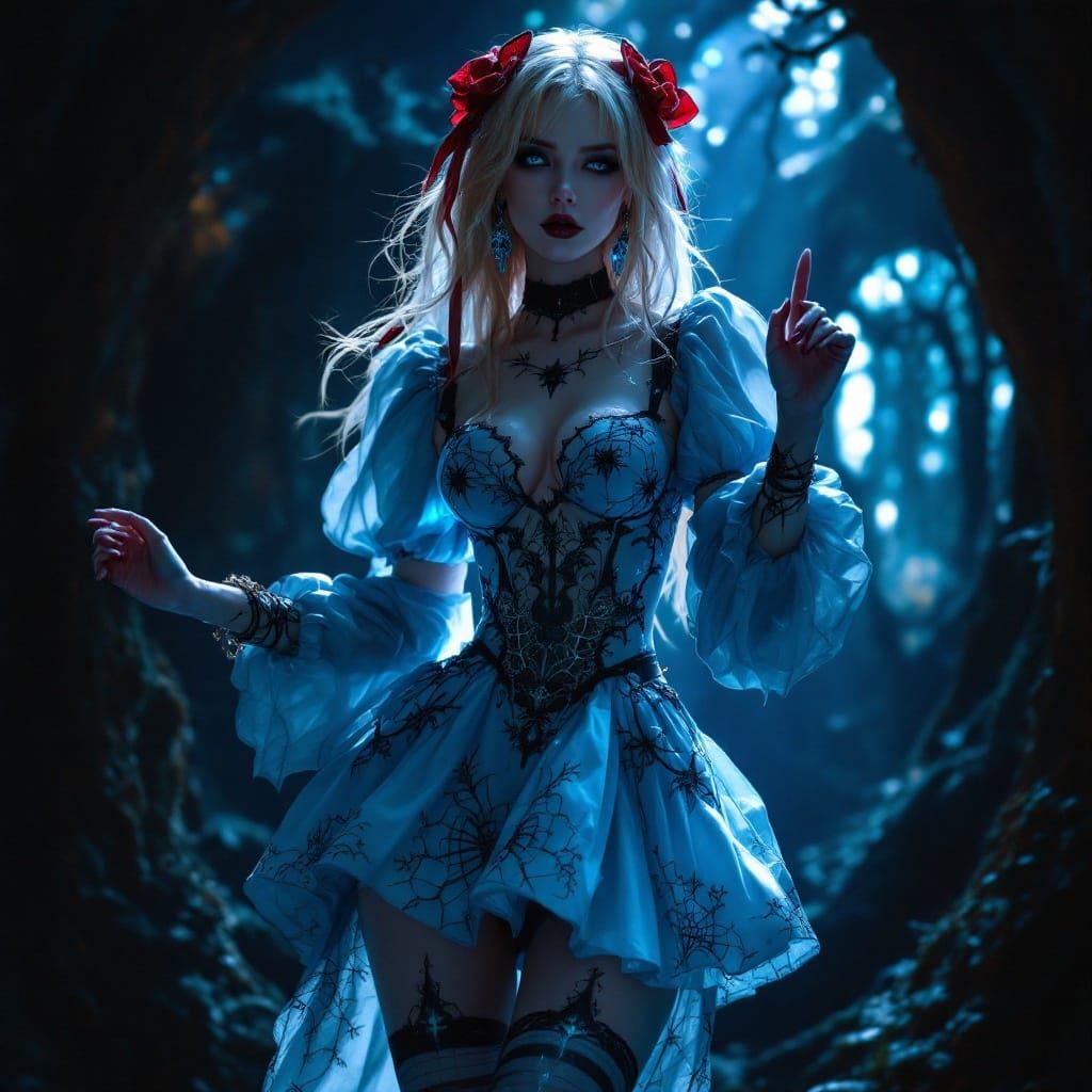 Goth Alice in Cyberpunk Wonderland