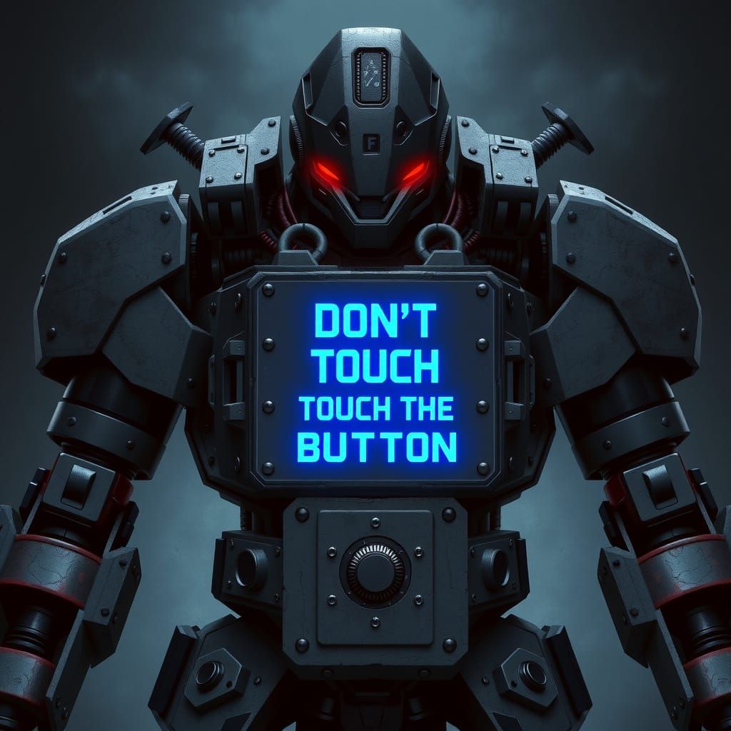 Ominous Hulking Robot with Cautionary Warning