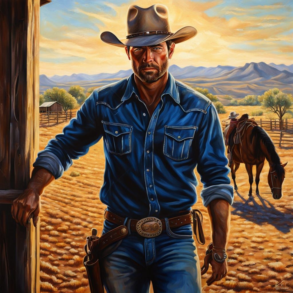 Handsome Cowboy on the Ranch: A Western Oil Painting