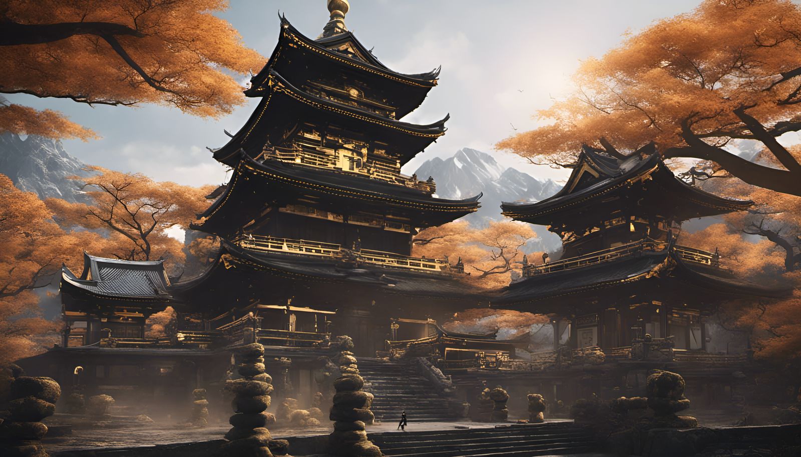 Intricate Gold and Black Japanese Temple