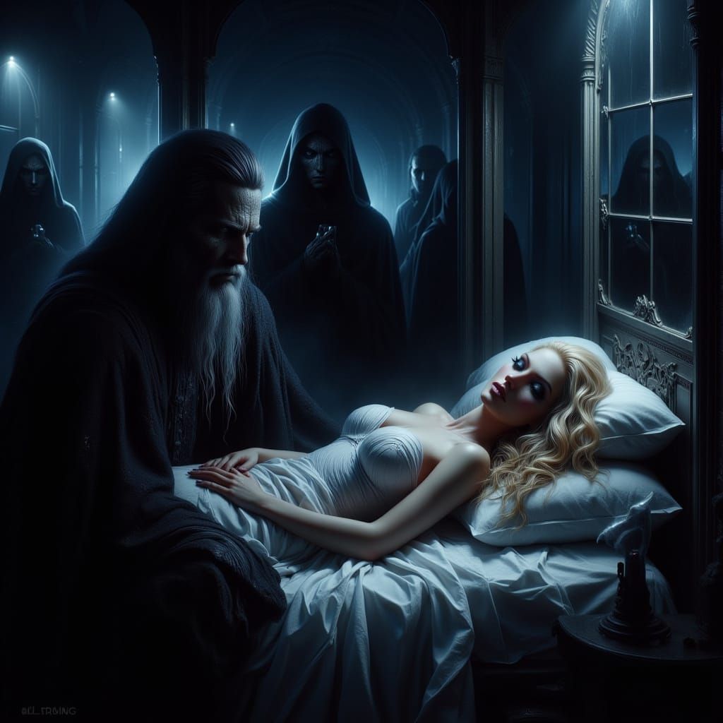 Dark Wizard and Sleeping Woman in Ship Stateroom