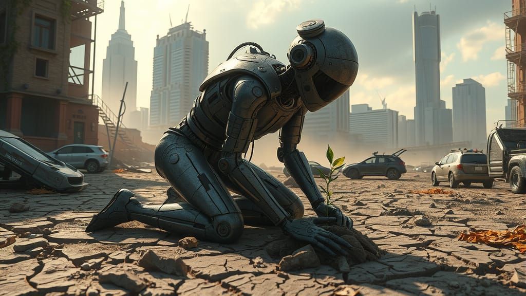 Robot Nurtures Plant in Ruined Futuristic Cityscape