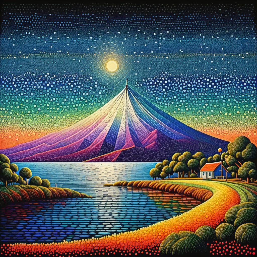 Pointillism: "The practice of applying small strokes or dots of color to a surface so that from a distance they visually...