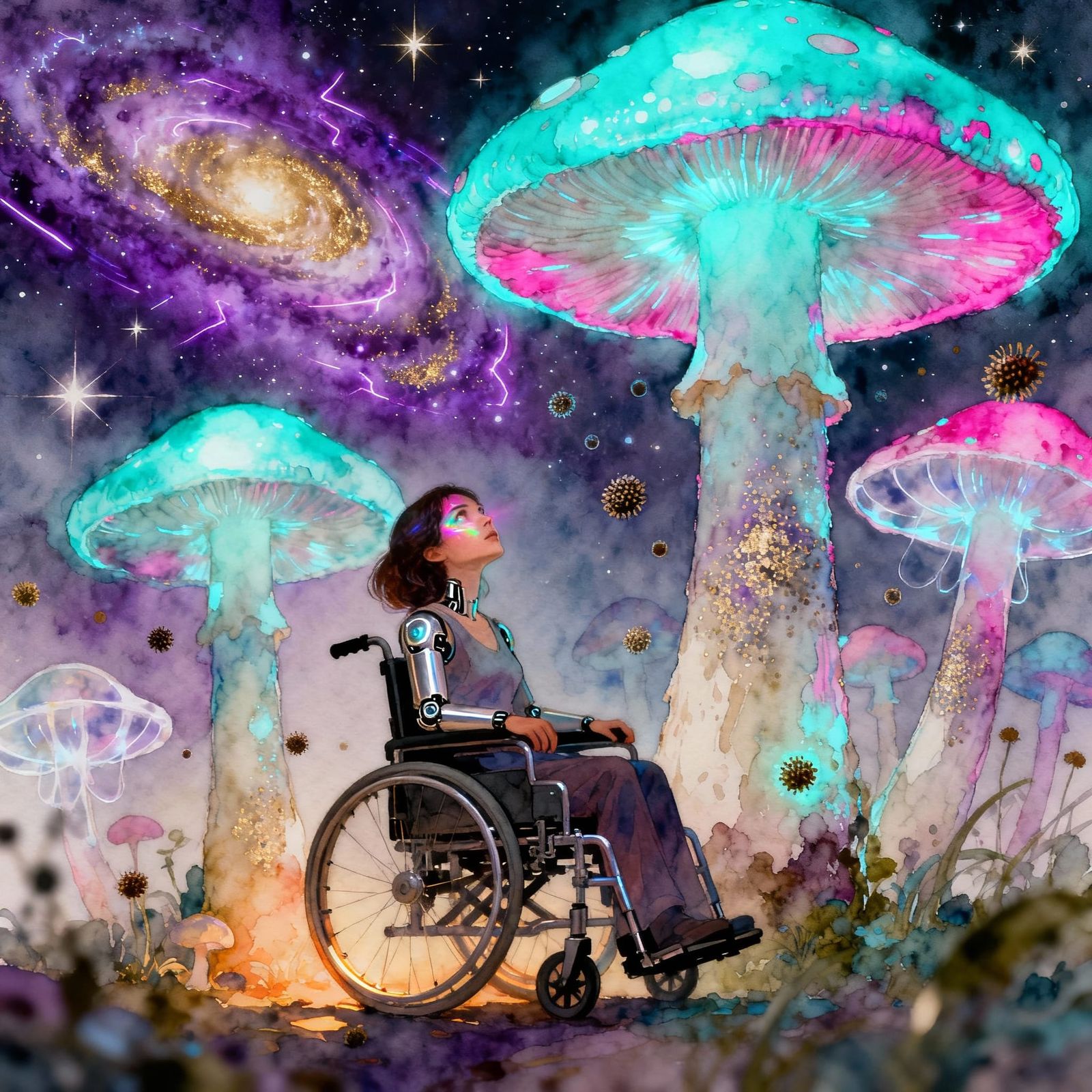 Bioluminescent Mushroom Nebula Landscape with Woman in Wheel...