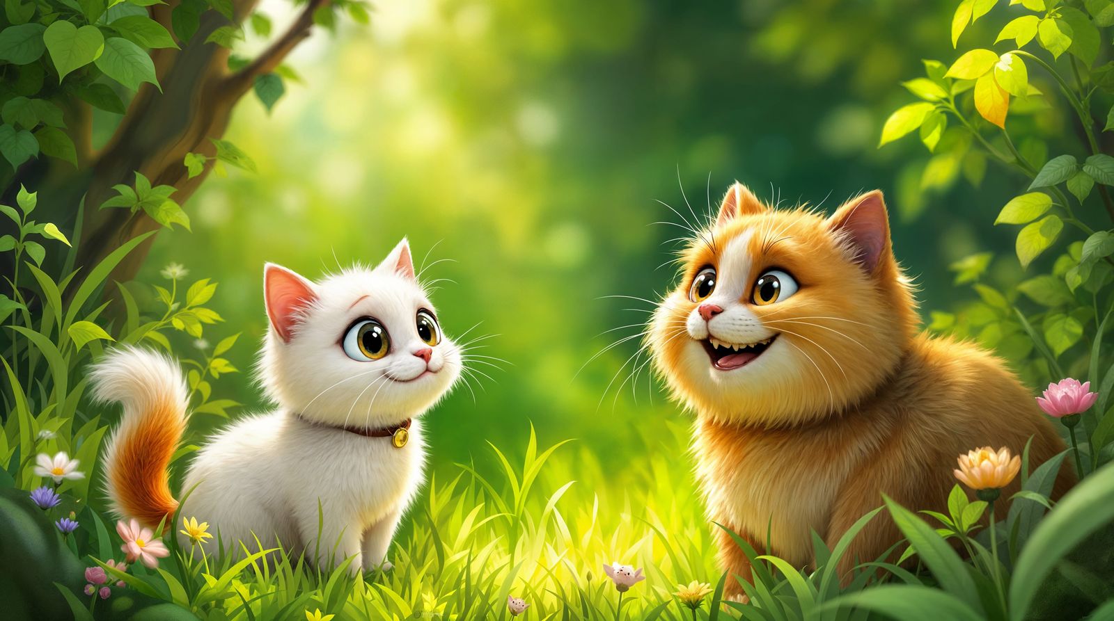 Charming Impressionistic Forest Scene with Two Cartoon Cats