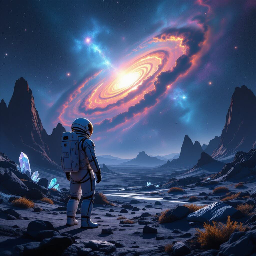 Astronaut Gazes at Alien Nebula in Hyperrealistic Style