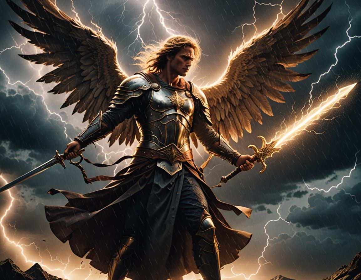 Angelic Warrior Unleashes Divine Fury in Turbulent Skies