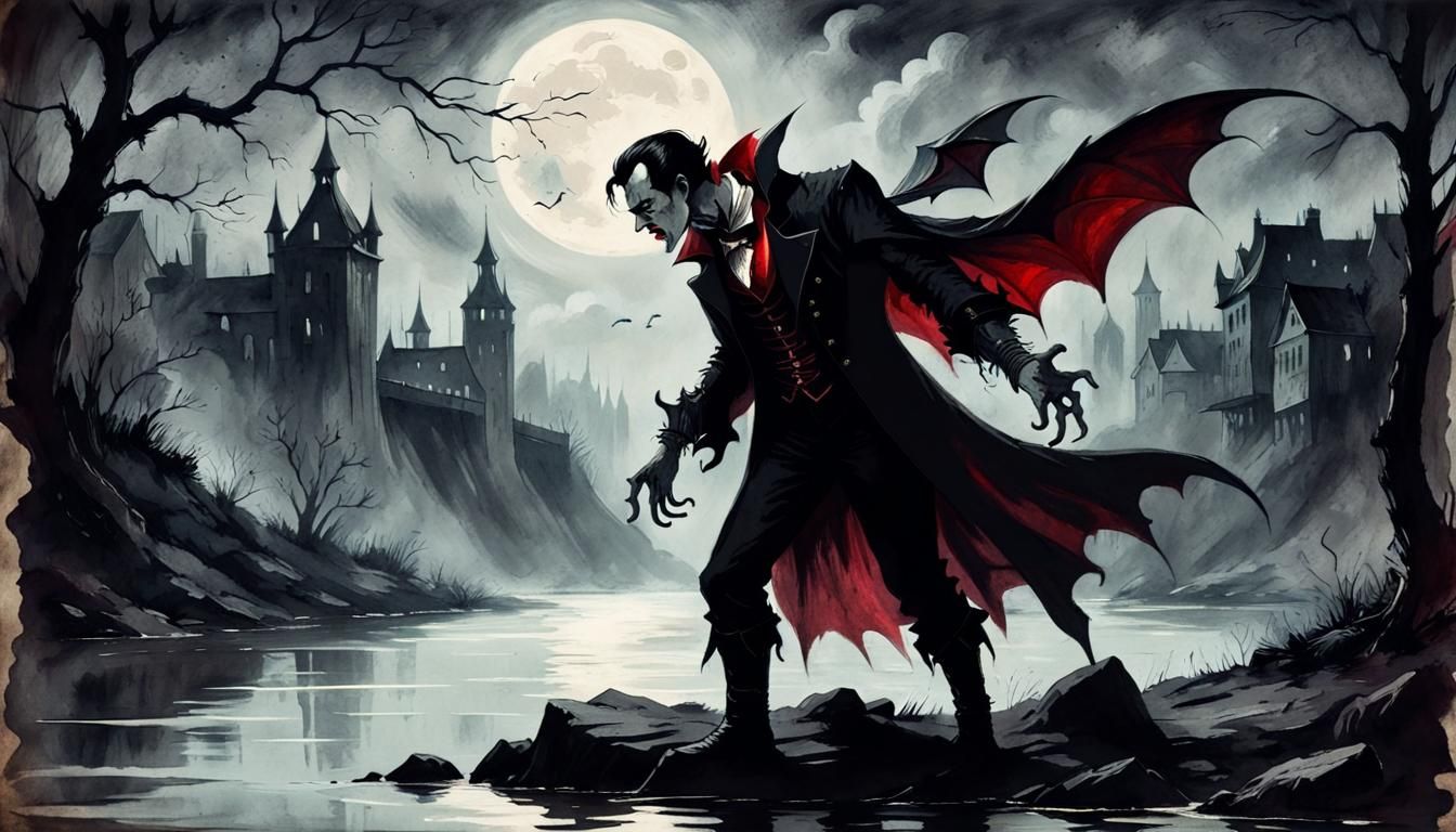 Vampire Silhouette in Steampunk Ink Painting