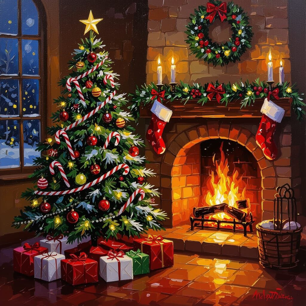Cozy Christmas Scene: Tree by Fireplace in Acrylic Style