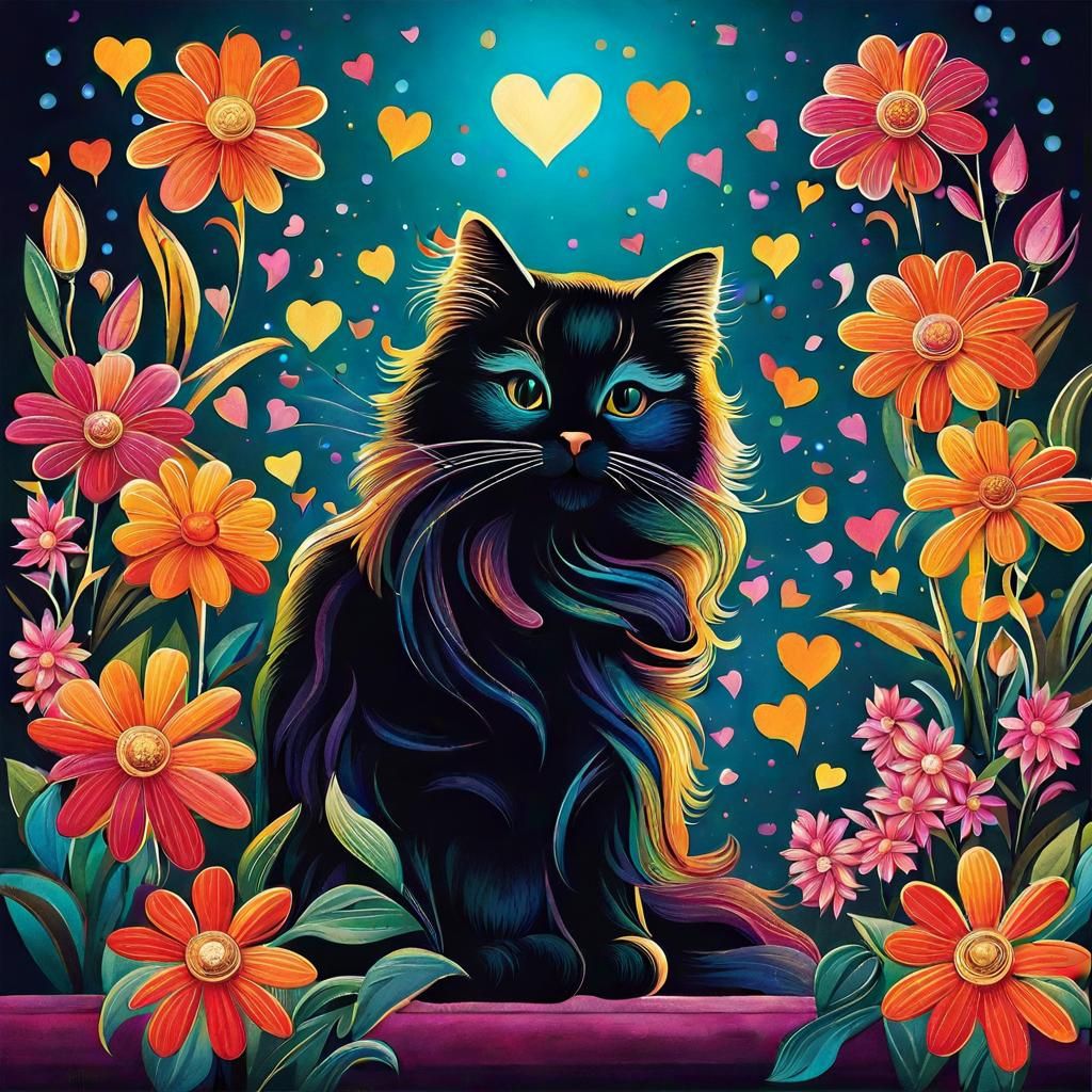 Glamorous Cat Portrait with Flowers and Heart Lights