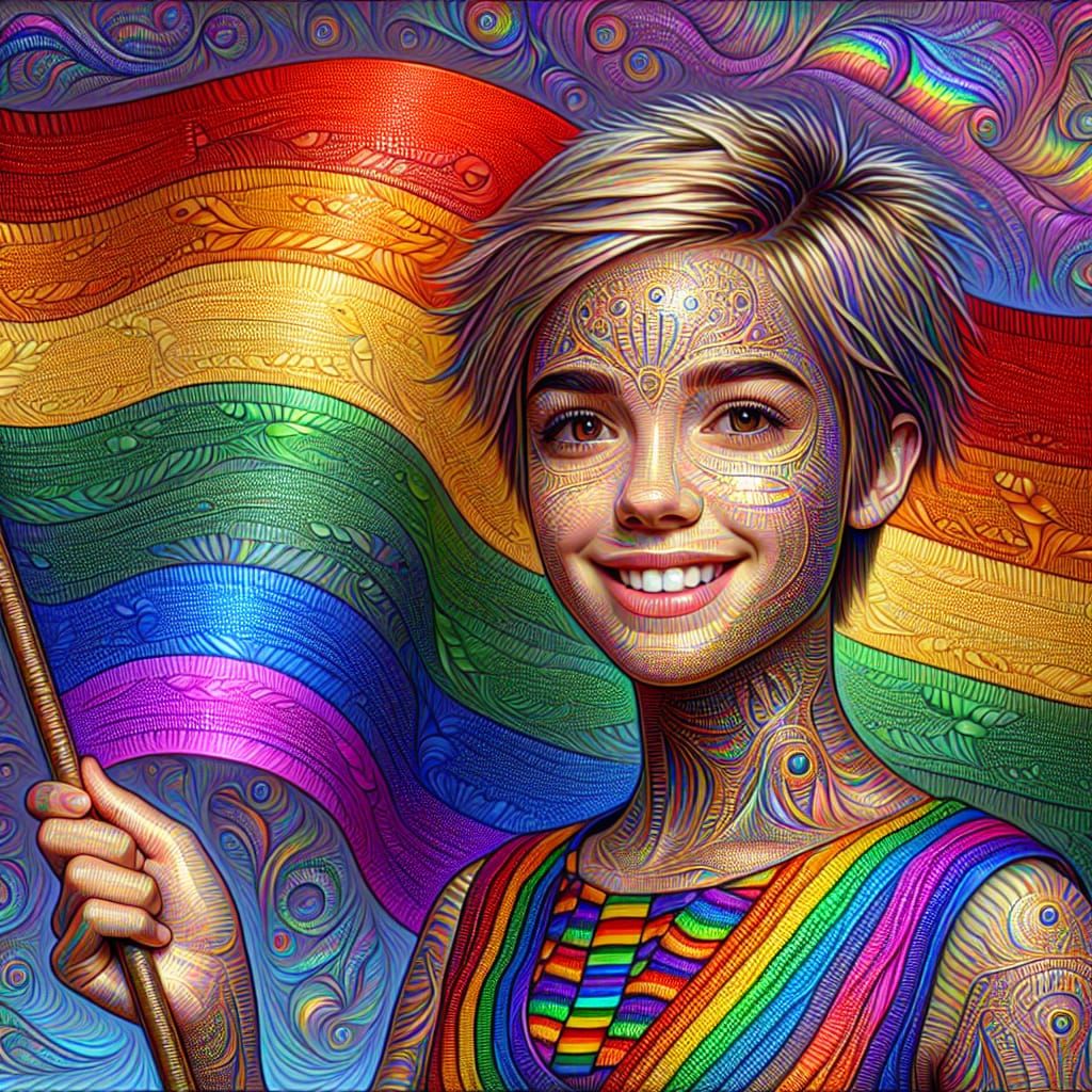 Teen Girl Waves Pride Flag in Hypermaximalism Style