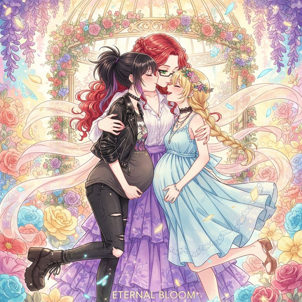 Shoujo Anime Style: Woman Kisses Pregnant Wives