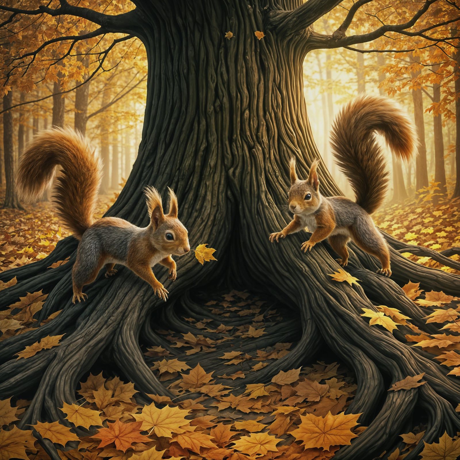 Playful Squirrels in Autumnal Canopy