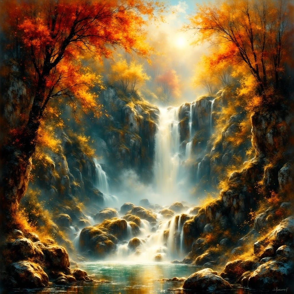Majestic Autumn Waterfall with Ethereal Sunlight
