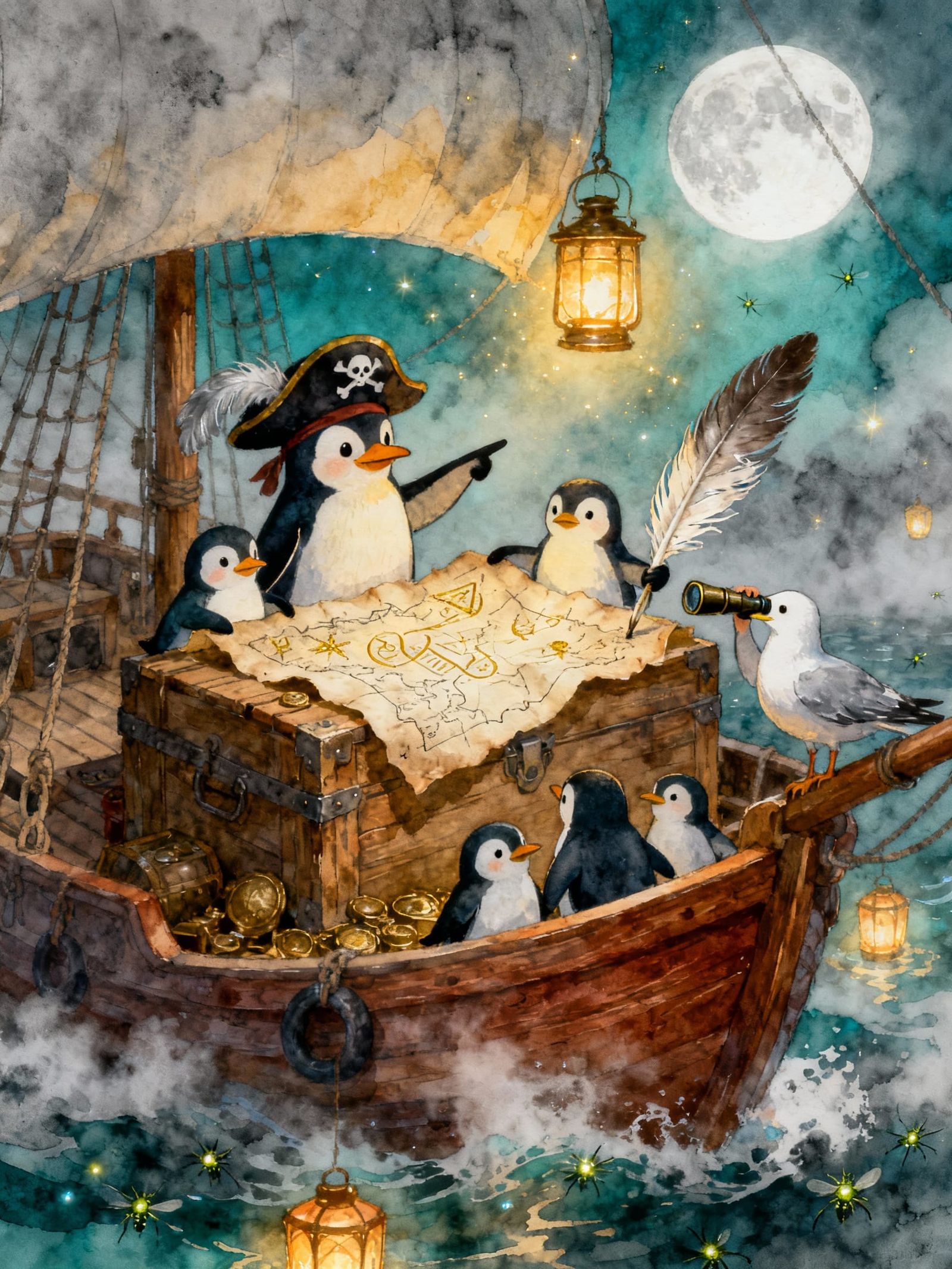 Penguin Pirates Discover Treasure Map in Fairytale Watercolo...